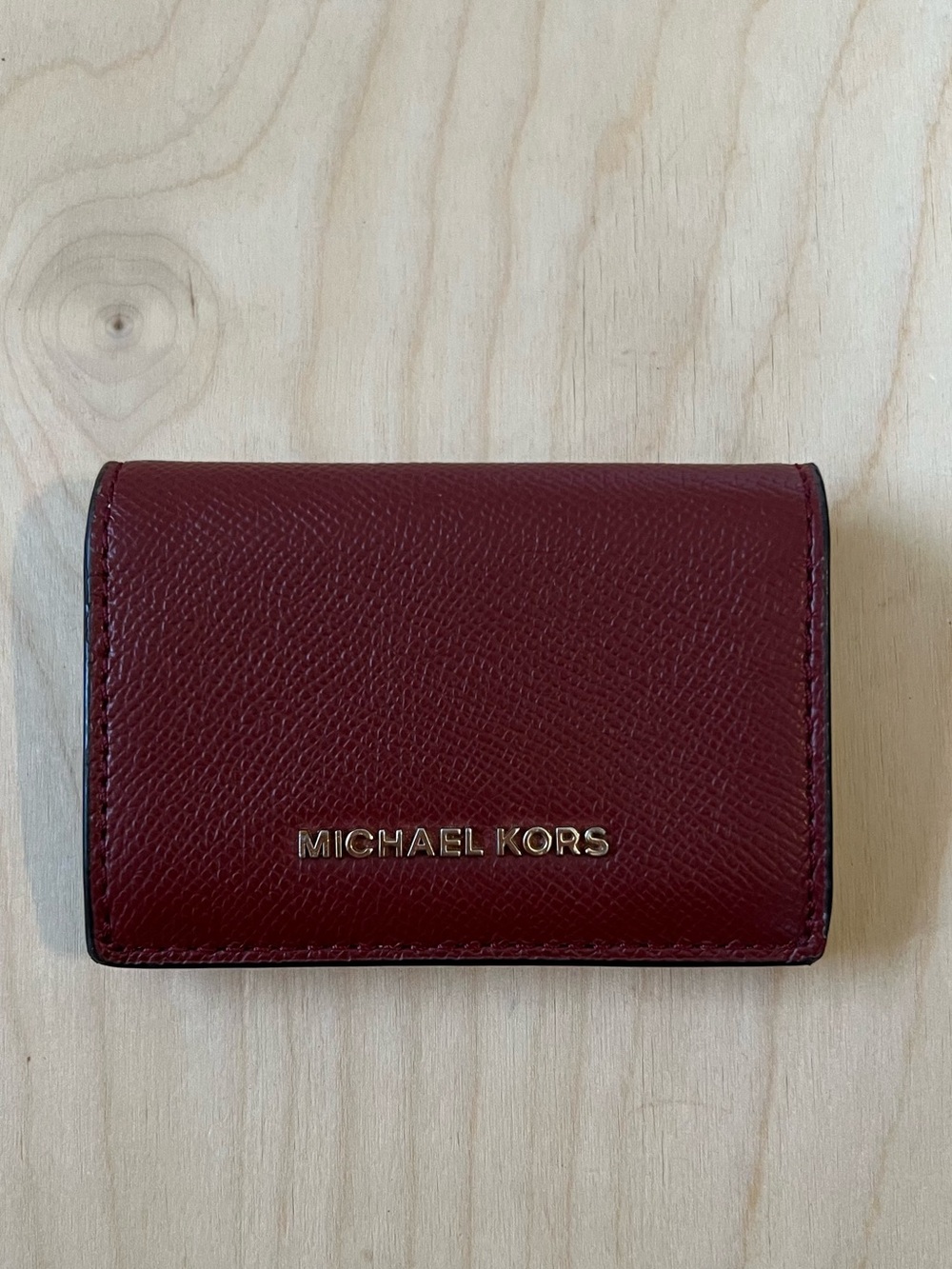Michael Kors Deep Red Leather Compact Card Wallet with Gold Logo